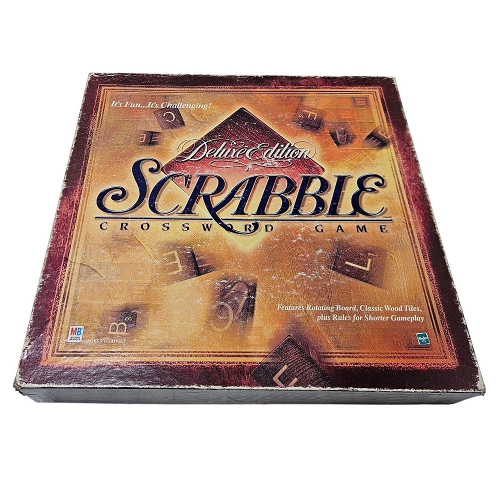 Scrabble Deluxe Edition Crossword Game 1999 Milton Rotating Board Wood Tiles